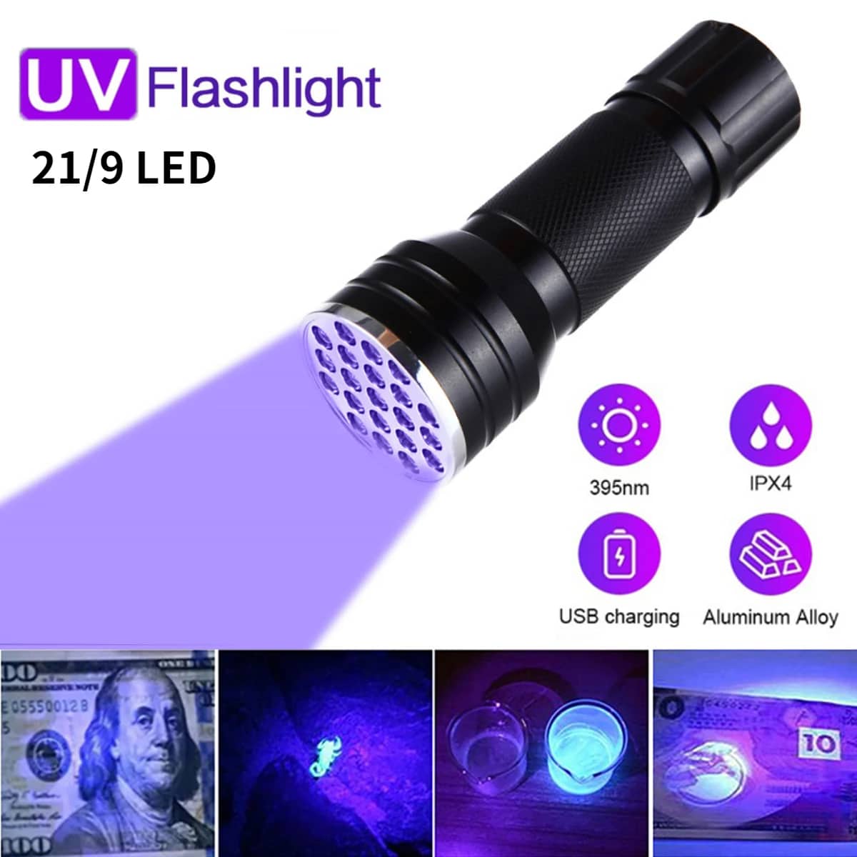 lampe de poche UV  21LED en alliage d'aluminium détecteur des scorpions et faux billet -  المصباح بالأشعة فوق البنفسجية كاشف للعقارب والعملات المزورة - Électronique - صورة 2
