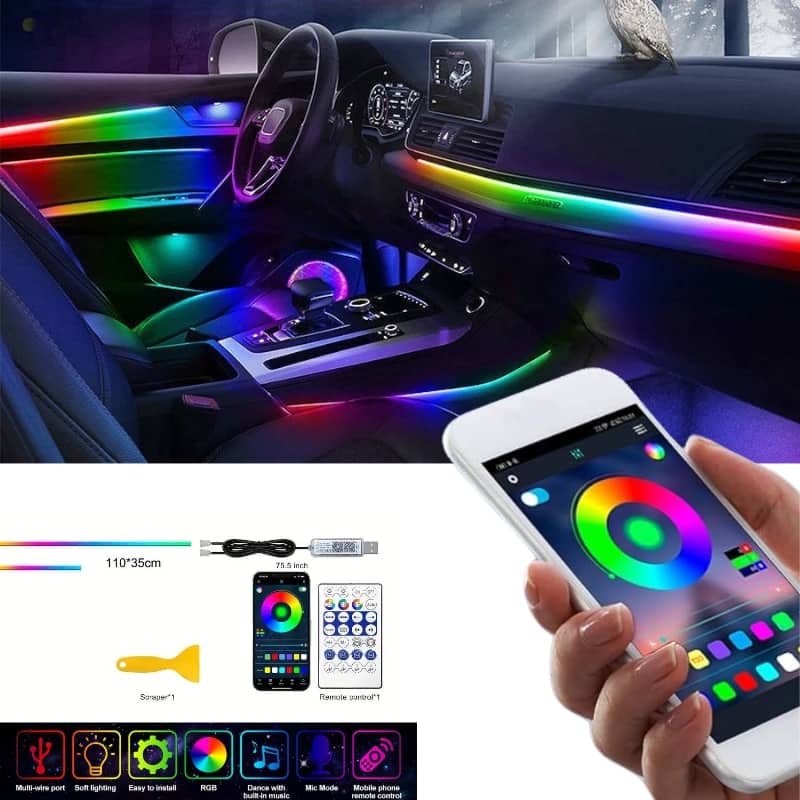 Bande lumineuse LED en néon RGB pour intérieur de voiture, éclairage suivi son d'ambiance Avec app et télécommande