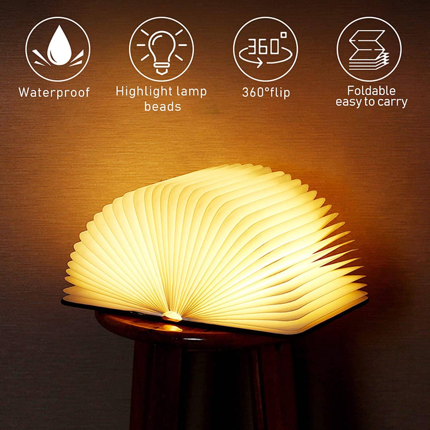 Livre lumineux LED pliable en bois 5 Modes d'éclairage rechargeable