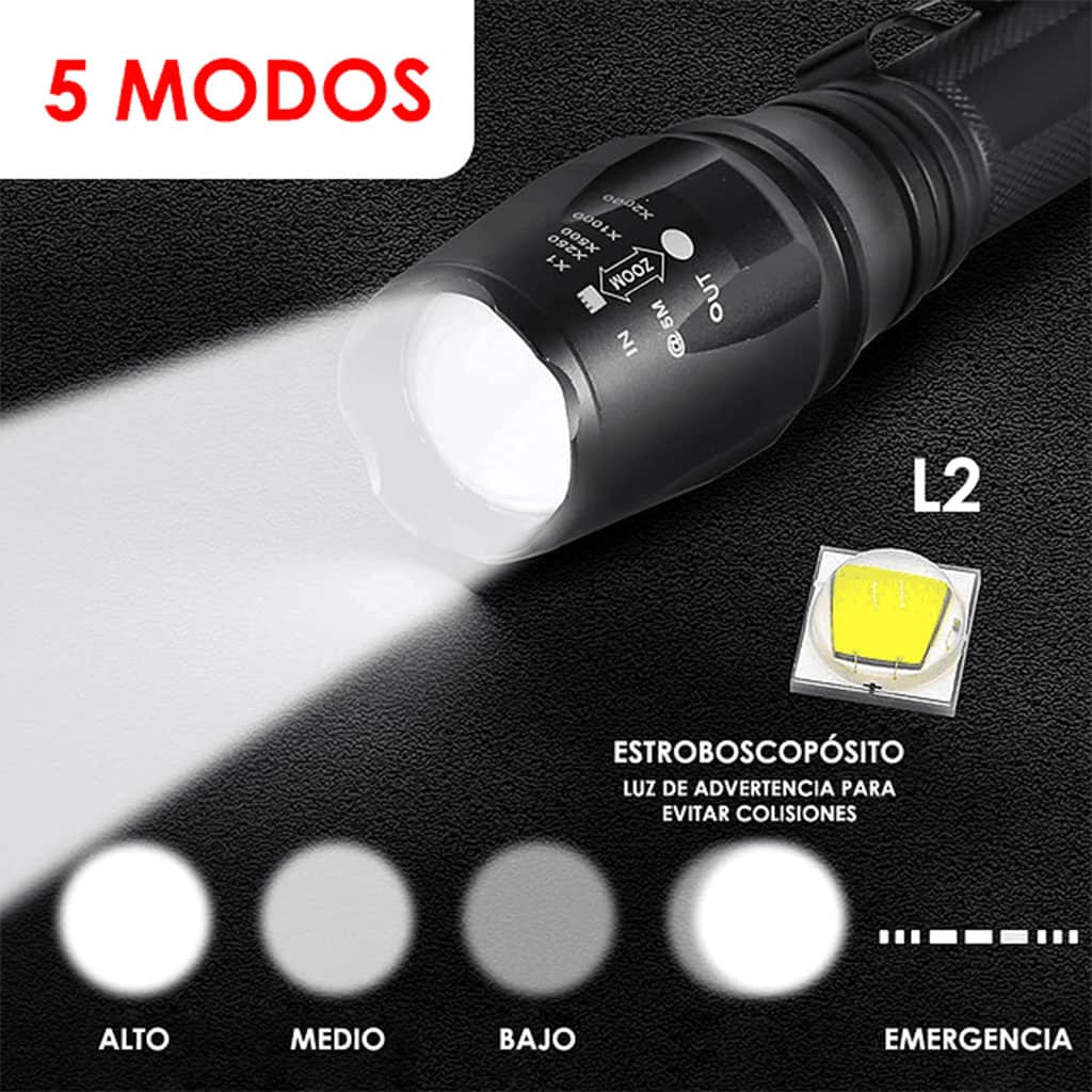 Lampe de poche tactique IP65 de 18 000 lumens - avec lumière LED et deux piles rechargeables - Swat - Camping et Randonnée - صورة 4
