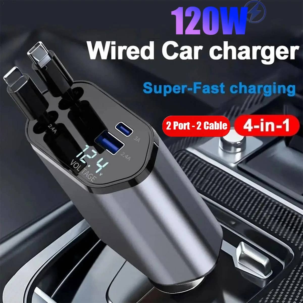 Chargeur de Voiture Rétractable 4en1 120W – شاحن سريع - Accessoires Auto/Moto - صورة 5