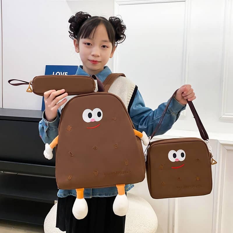 Ensemble de sacs d’école Kawai pour adolescents 3Pcs Language Marron – محفظة 3 قطع كاواي بني - Sac à dos et Mode - صورة 2