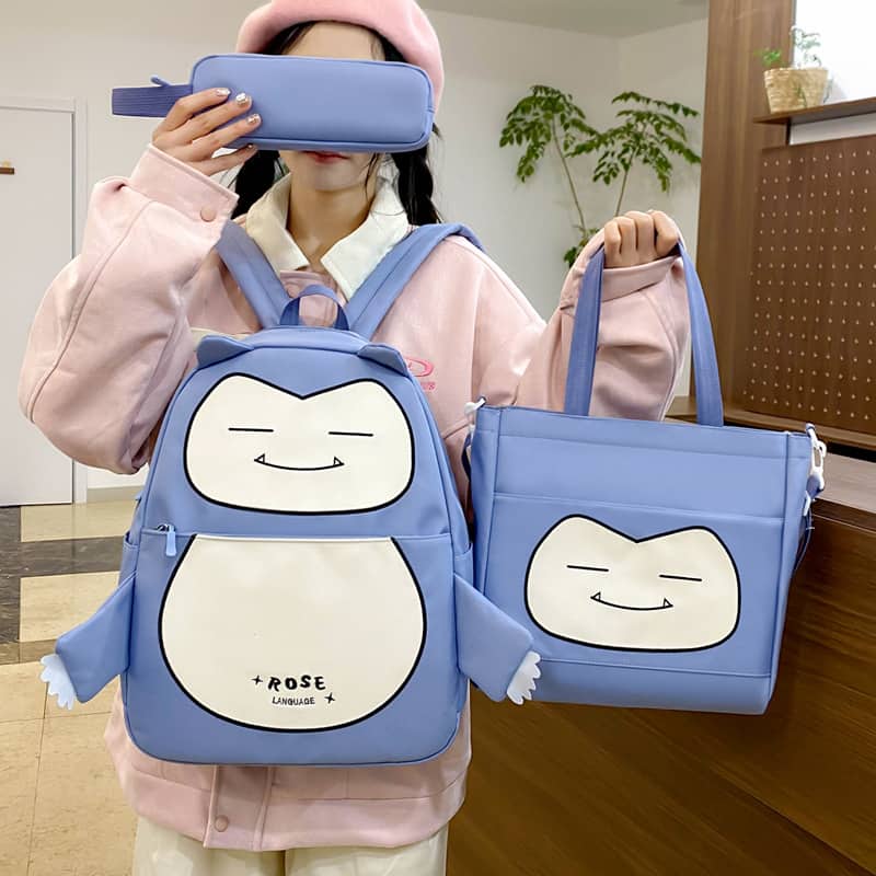 Ensemble de Sacs Snorlax 3Pcs Design Kawaii Bleu – حقيبة مدرسية 3 قطع لون أزرق