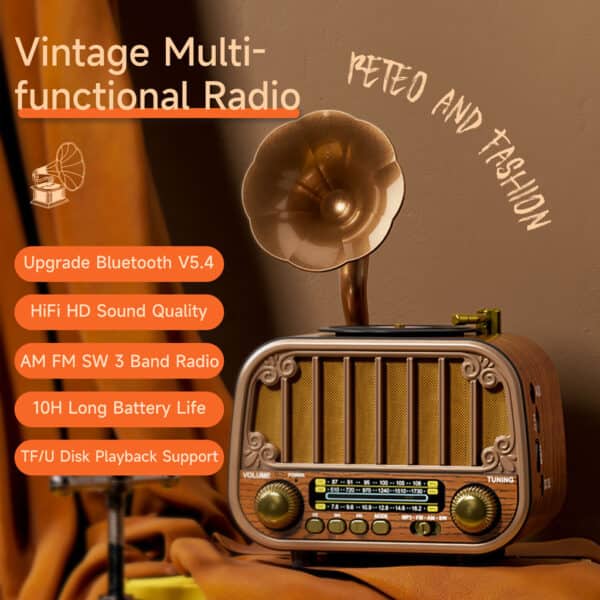 Radio rétro sans fil Bluetooth FM AM SW avec USB TF MD-1319BT – مكبر صوت بلوتوث على شكل راديو - Décoration - صورة 4