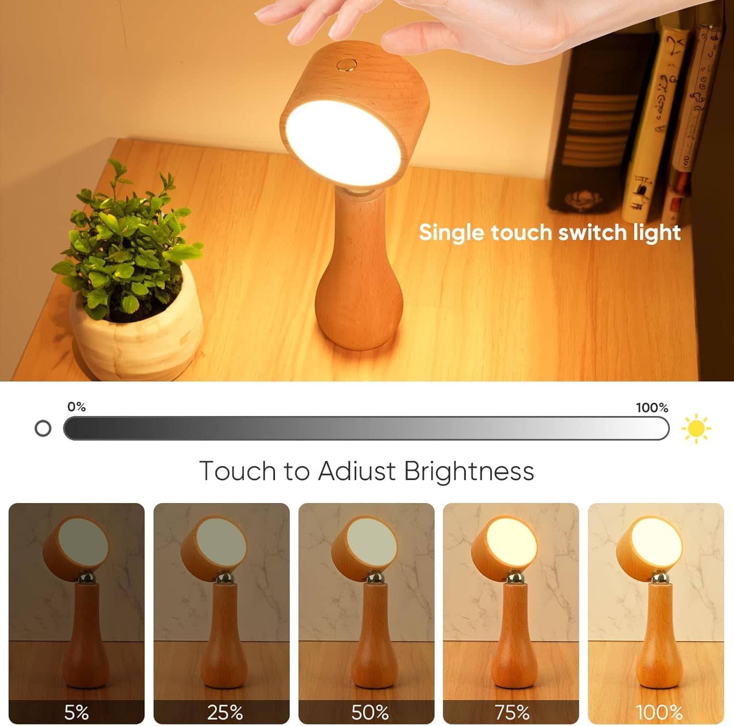 Lampe LED Motif en bois portable sans fil rechargeable à interrupteur tactile 4000K - مصباح مكتب يعمل باللمس - Maison - صورة 2