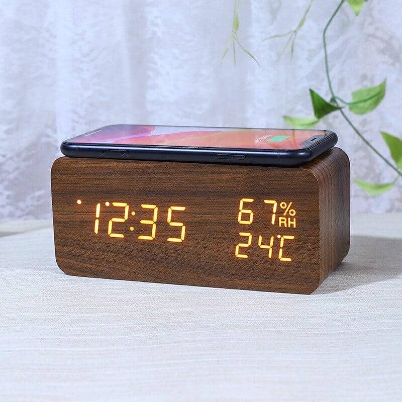 Réveil numérique de bureau en bois avec socle de charge sans fil Qi - Électronique - صورة 4