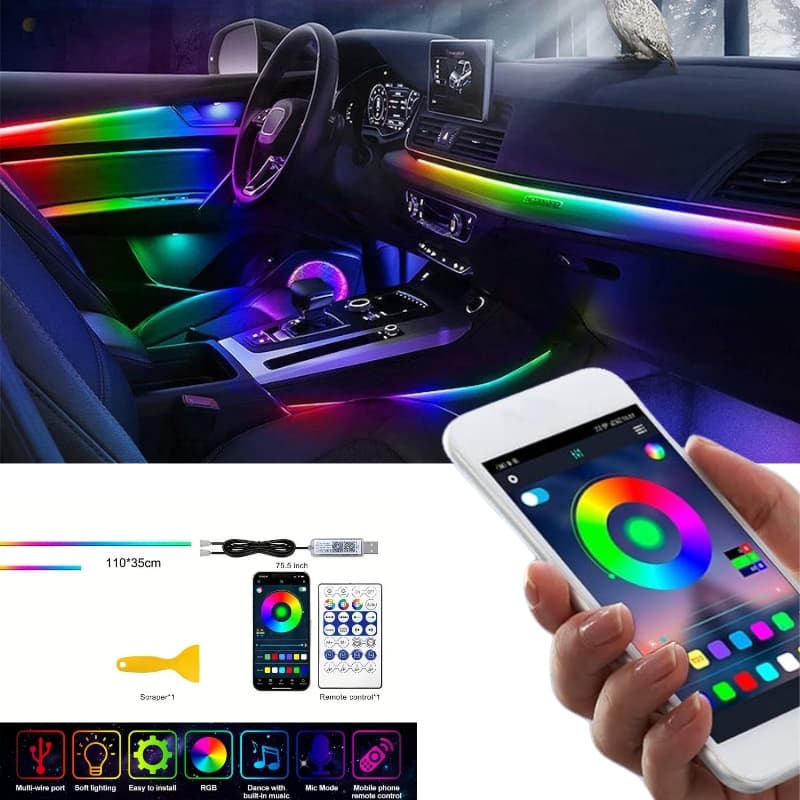 Bande lumineuse LED en néon RGB pour intérieur de voiture, éclairage suivi son d'ambiance Avec app et télécommande - Accessoires Auto/Moto - صورة 1