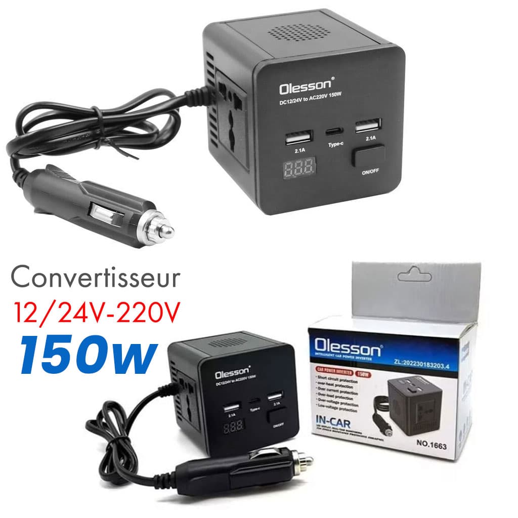 Convertisseur de tension en voiture avec surveillance de puissance 150 watts, 12 volts, 2 USB, 1 USB type C et 2 prises - Accessoires Auto/Moto - صورة 1
