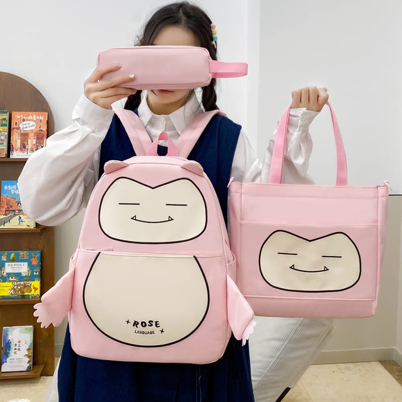Ensemble de Sacs Snorlax 3Pcs Design Kawaii Rose- حقيبة مدرسية 3 قطع لون وردي - Sac à dos et Mode - صورة 1