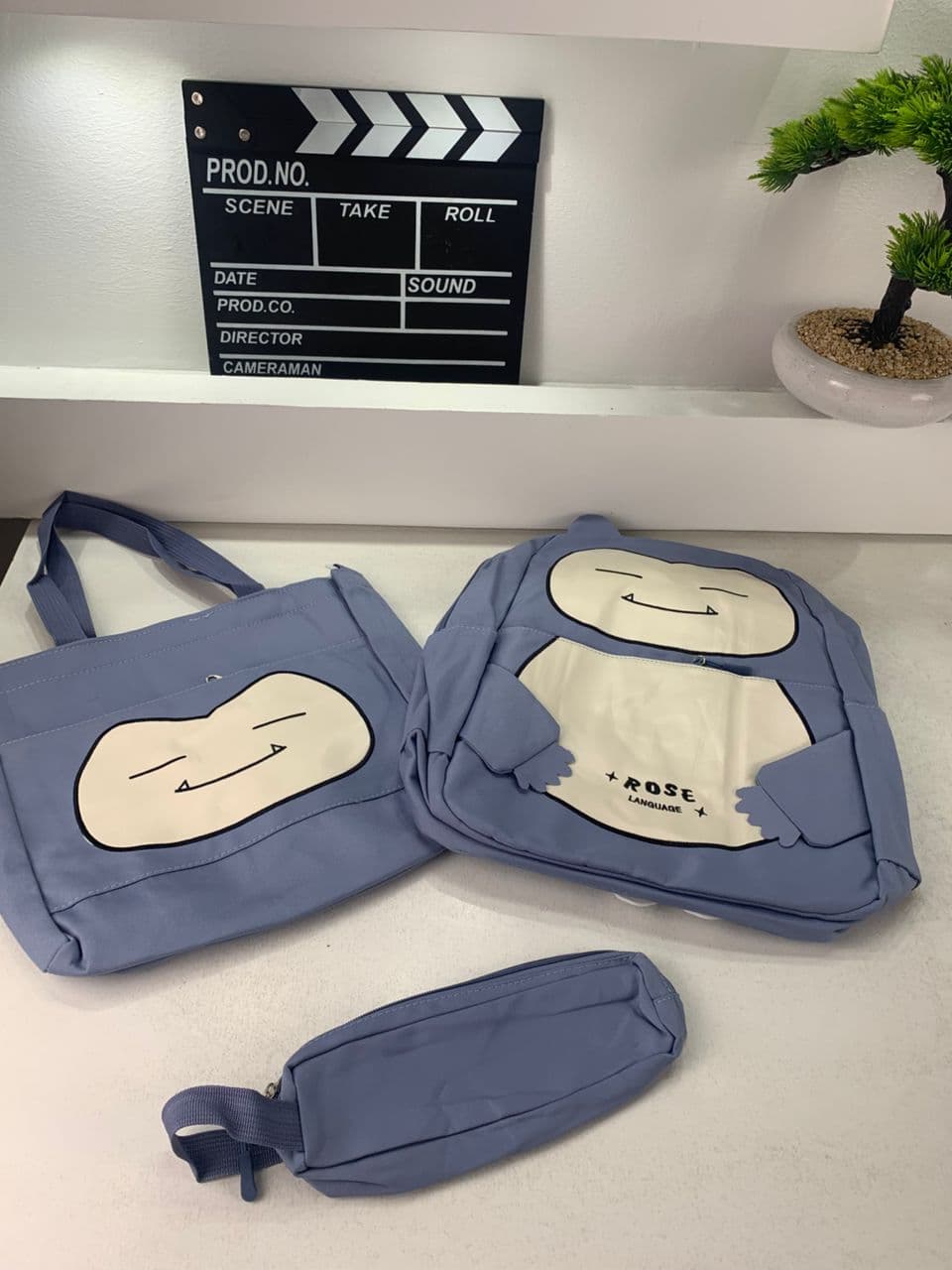 Ensemble de Sacs Snorlax 3Pcs Design Kawaii Bleu – حقيبة مدرسية 3 قطع لون أزرق - Sac à dos et Mode - صورة حقيقية 6
