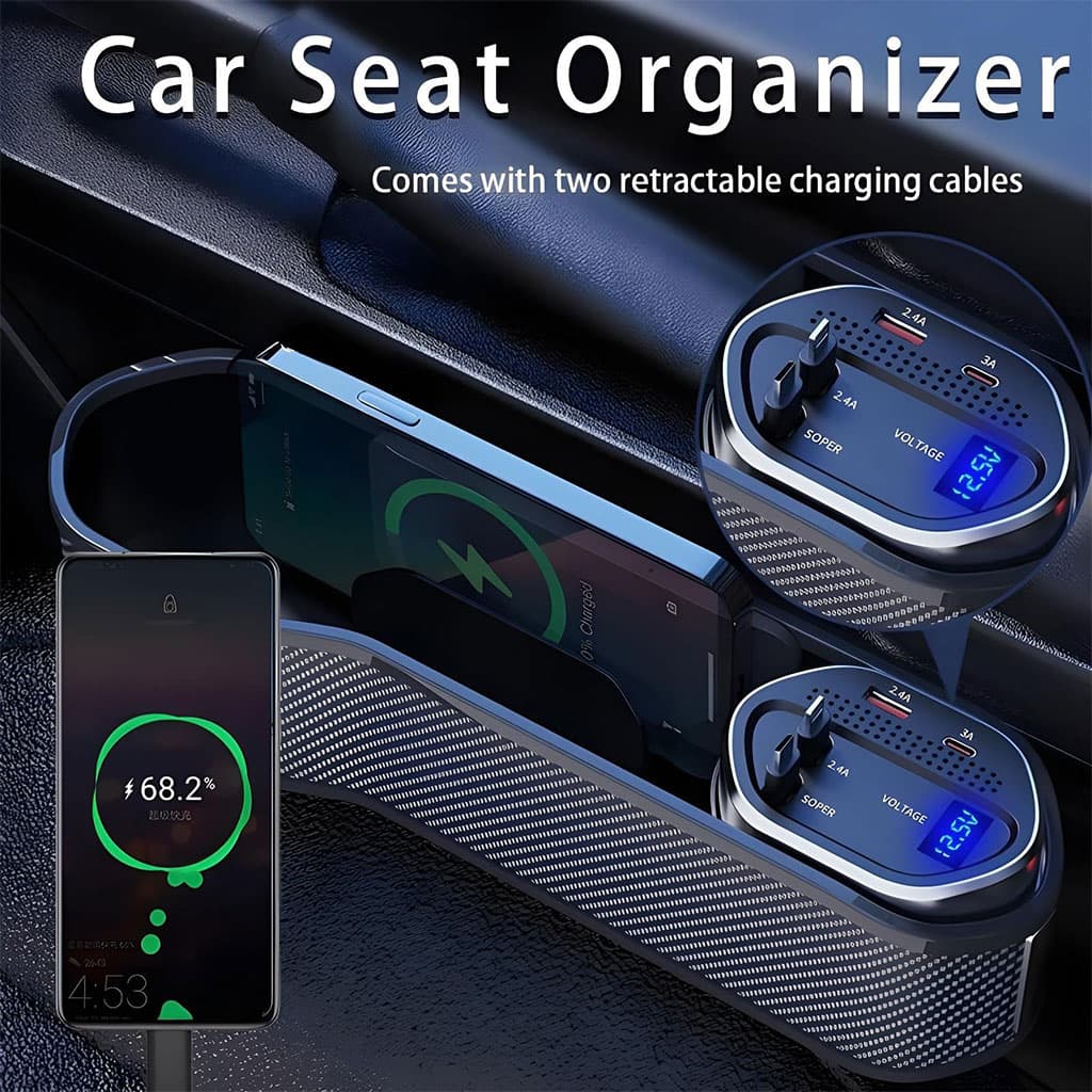 Organisateur 5 en 1 pour siège auto avec chargeur sans fil et 2 câbles télescopiques - Accessoires Auto/Moto - صورة 1