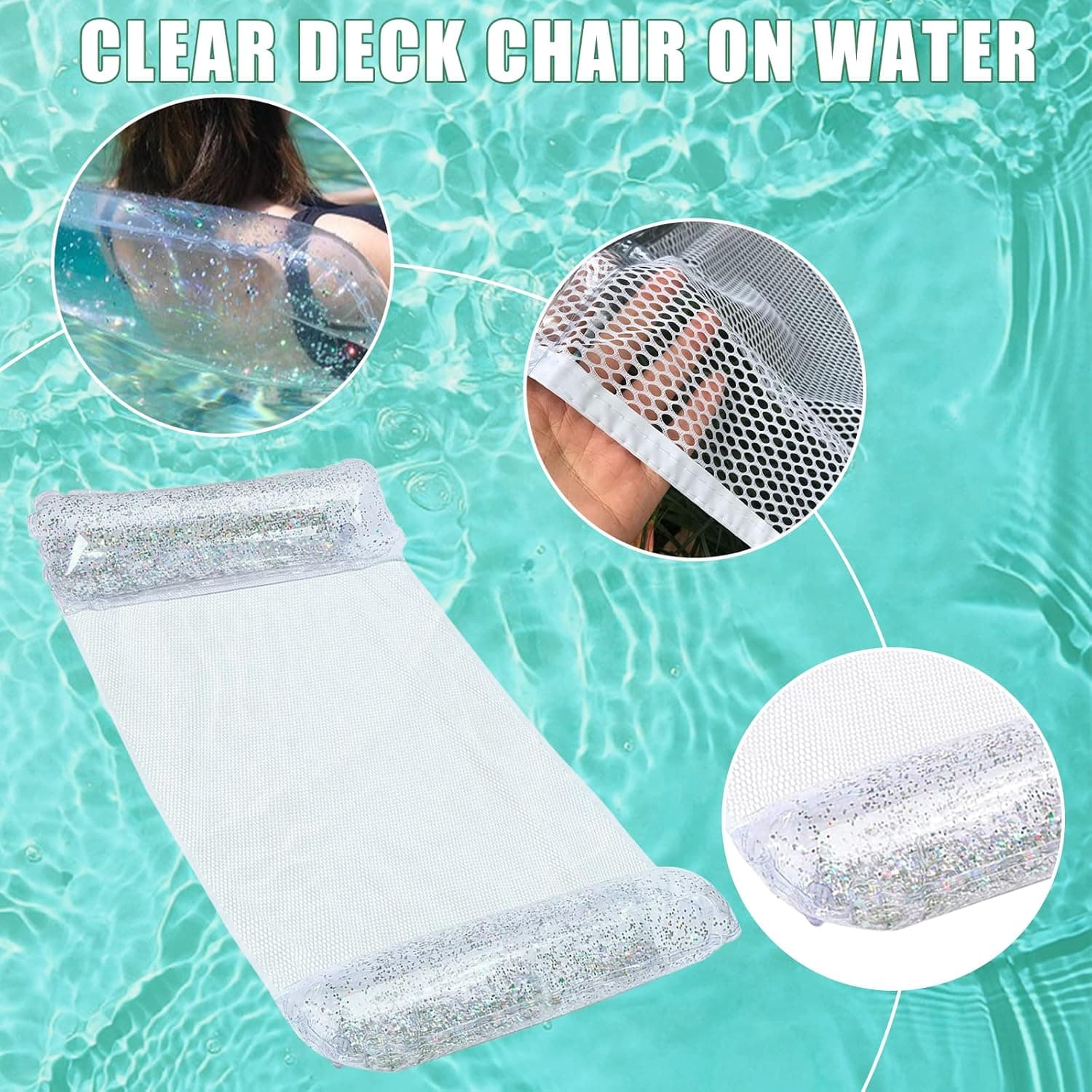 Hamac de Piscine Flottant Multifonction 4en1 Design Glitter, Confort Aquatique - أرجوحة المسبح العائمة والمريحة 4 في 1 بنسيج شبكي متين - Vacance & Loisir - صورة 6