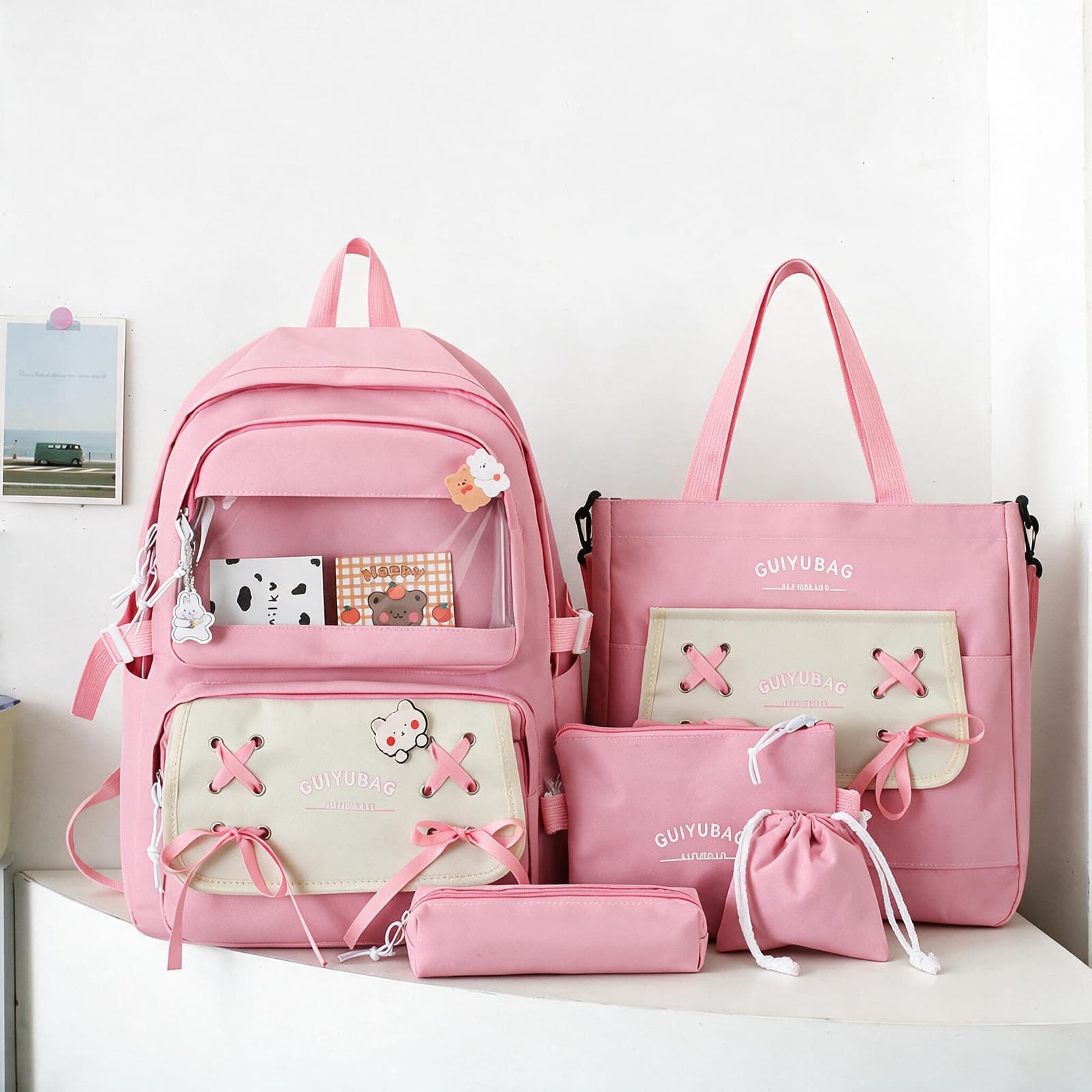 Sac à Dos Multifonctionnel Kawaii Grand Volume Imperméable et Résistant 5Pcs Rose SACKDS11RS - حقيبة ظهر بعدة قطع بتصميم كاوايي - Sac à dos et Mode - صورة 1