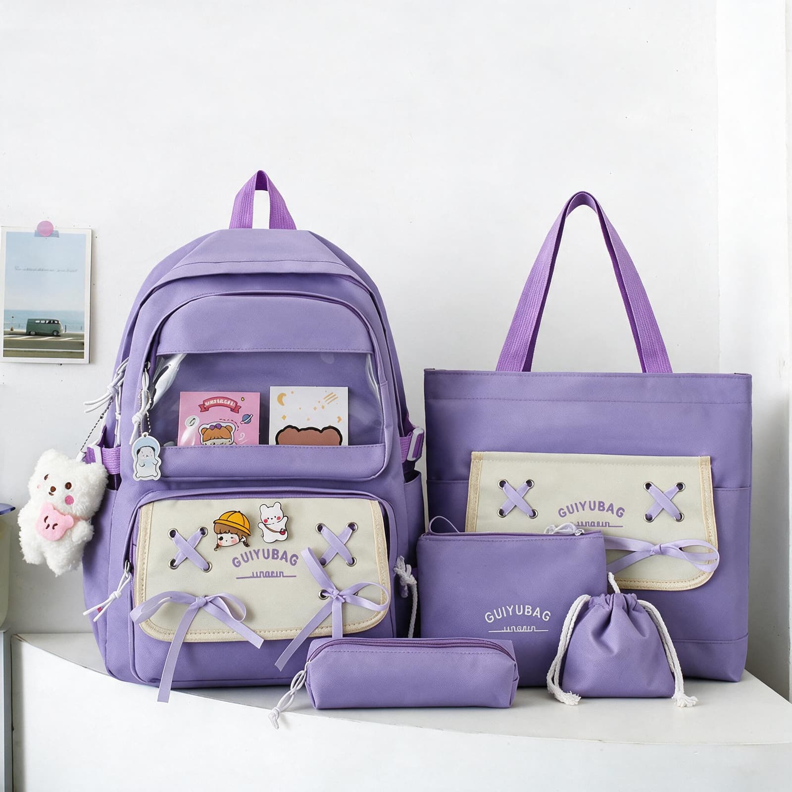 Sac à Dos Multifonctionnel Kawaii Grand Volume Imperméable et Résistant 5Pcs Mauve SACKDS11MV - حقيبة ظهر بعدة قطع بتصميم كاوايي - Sac à dos et Mode - صورة 1