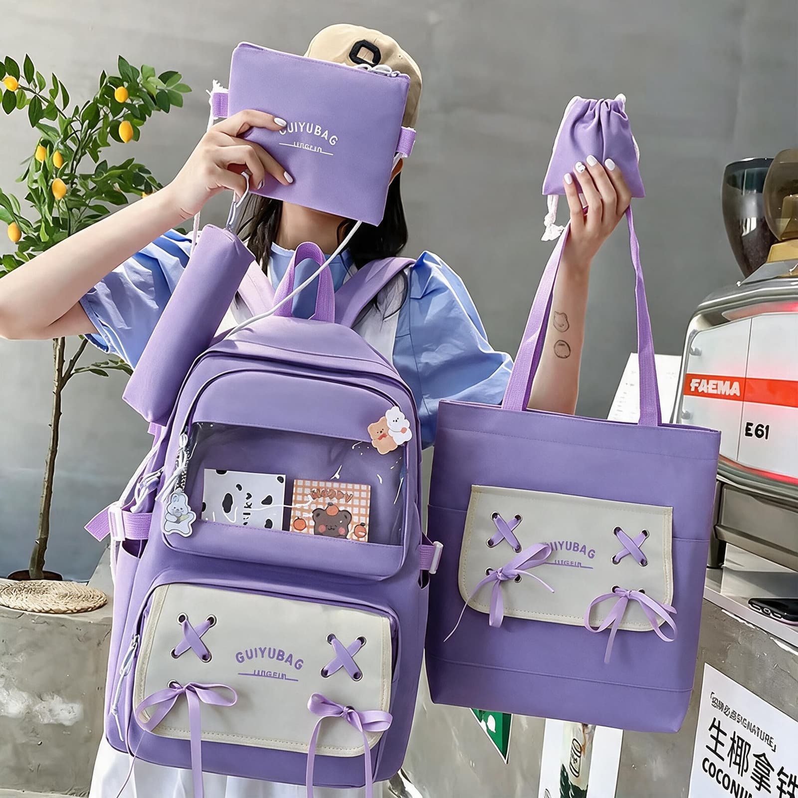 Sac à Dos Multifonctionnel Kawaii Grand Volume Imperméable et Résistant 5Pcs Mauve SACKDS11MV - حقيبة ظهر بعدة قطع بتصميم كاوايي - Sac à dos et Mode - صورة 2