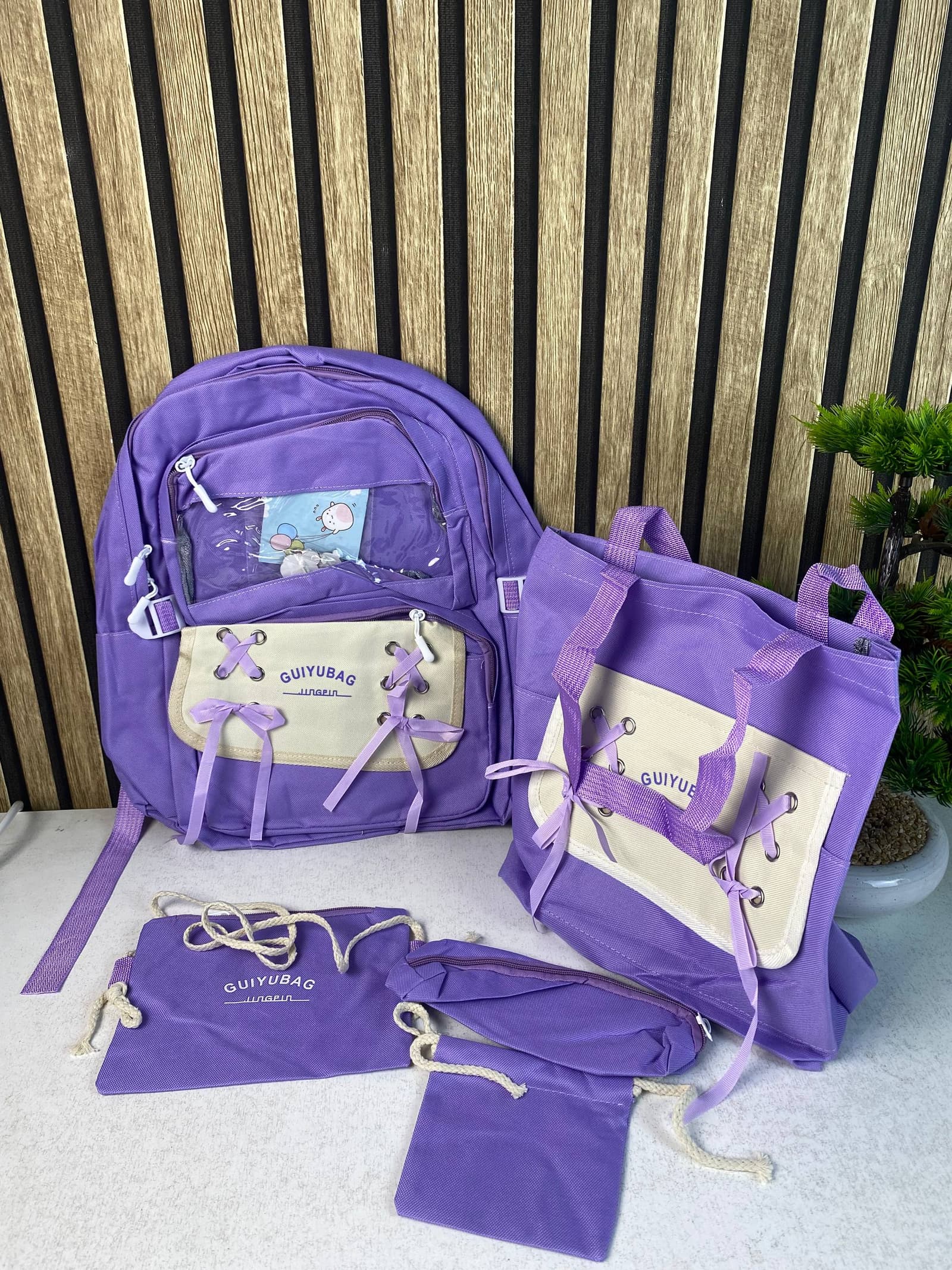 Sac à Dos Multifonctionnel Kawaii Grand Volume Imperméable et Résistant 5Pcs Mauve SACKDS11MV - حقيبة ظهر بعدة قطع بتصميم كاوايي - Sac à dos et Mode - صورة حقيقية 4
