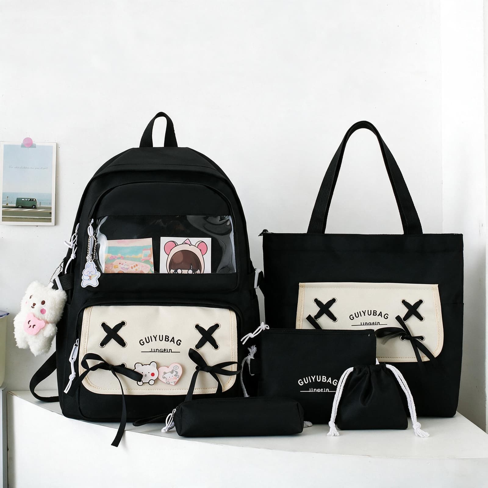 Sac à Dos Multifonctionnel Kawaii Grand Volume Imperméable et Résistant 5Pcs Noir SACKDS11N - حقيبة ظهر بعدة قطع بتصميم كاوايي - Sac à dos et Mode - صورة 1