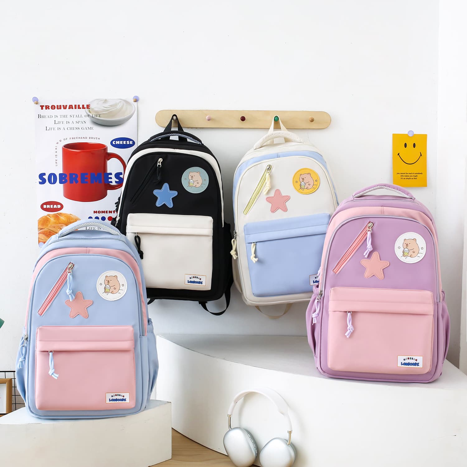 Sac à Dos Multifonctionnel Kawaii Grand Volume Imperméable et Résistant 4Pcs Bleu et Beige SACKDS02B - حقيبة ظهر بعدة قطع بتصميم كاوايي - Sac à dos et Mode - صورة 3