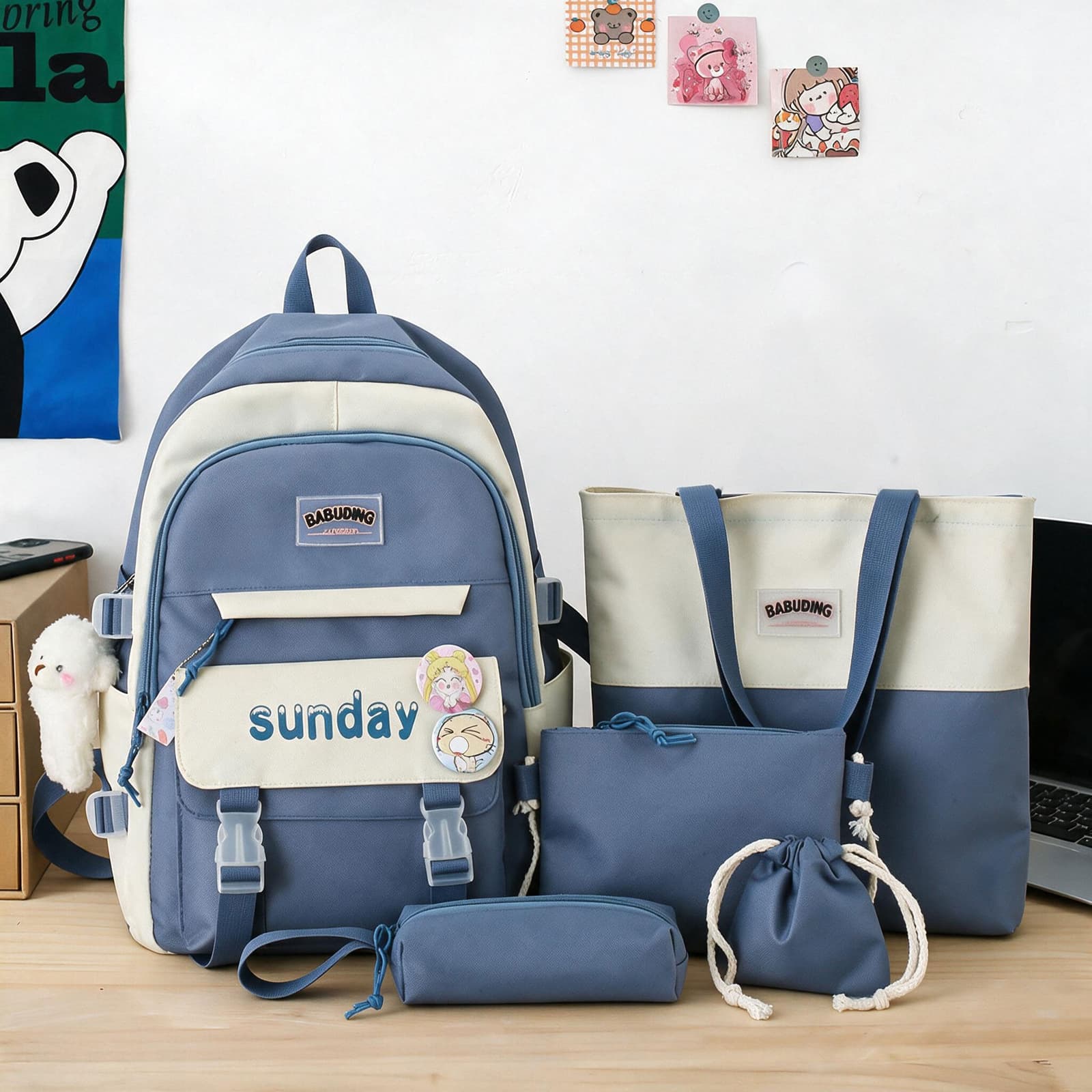 Sac à Dos Multifonctionnel Kawaii Grand Volume Imperméable et Résistant 5Pcs Bleu SACKDS14BL - حقيبة ظهر بعدة قطع بتصميم كاوايي - Sac à dos et Mode - صورة 3