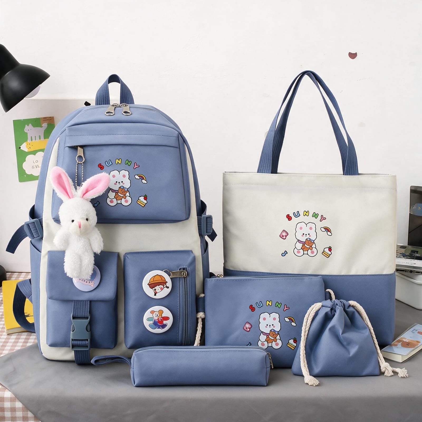 Sac à Dos Multifonctionnel Kawaii Grand Volume Imperméable et Résistant 5Pcs Bleu SACKDS15BL - حقيبة ظهر بعدة قطع بتصميم كاوايي - Sac à dos et Mode - صورة 1