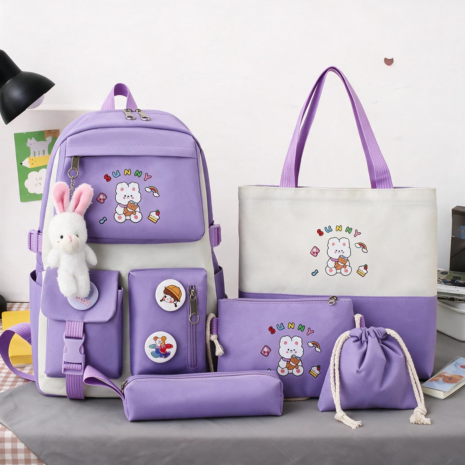 Sac à Dos Multifonctionnel Kawaii Grand Volume Imperméable et Résistant 5Pcs Mauve SACKDS15MV - حقيبة ظهر بعدة قطع بتصميم كاوايي - Sac à dos et Mode - صورة 1