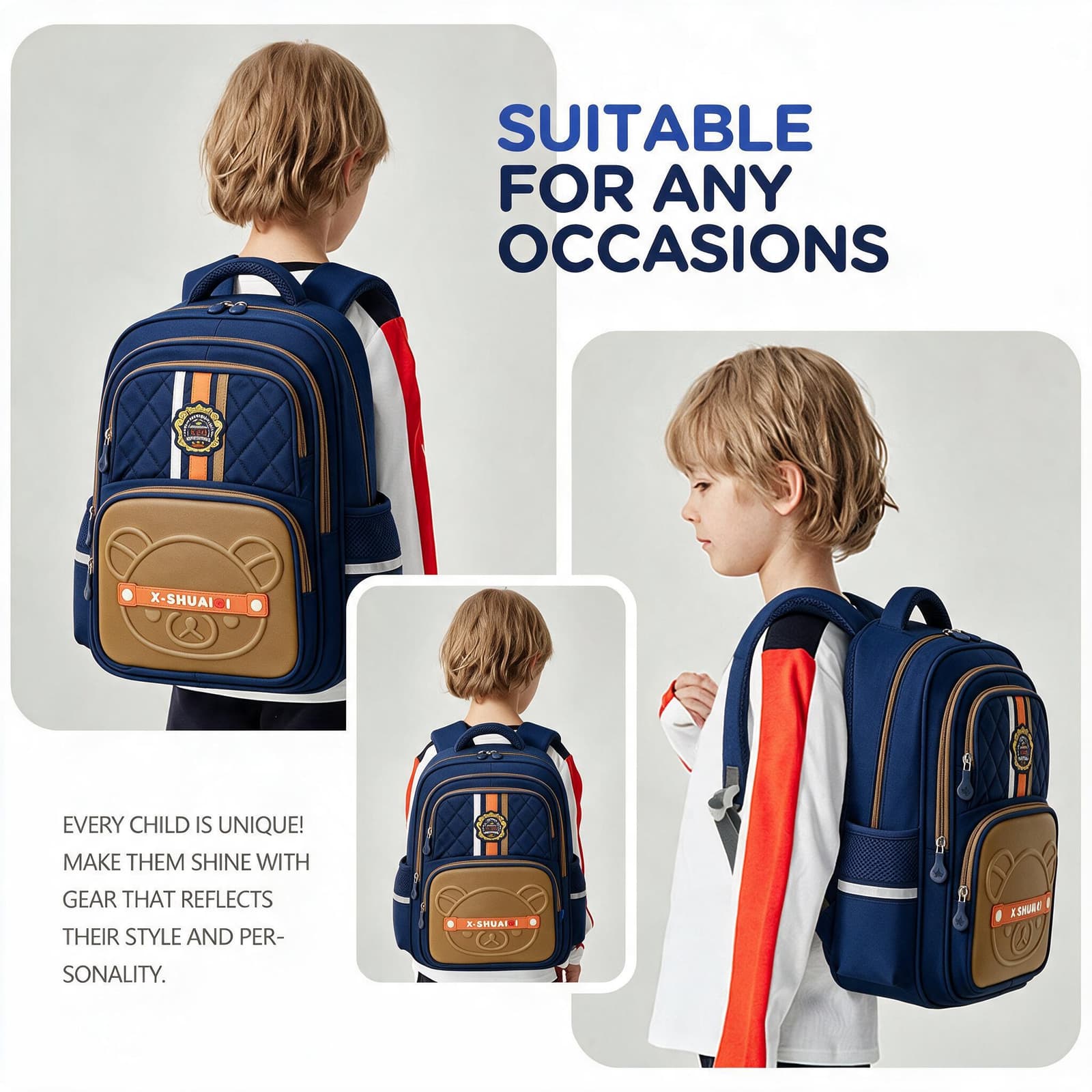 Sac à Dos Scolaire Style Kawaii Grand Volume Tissu Imperméable Bleu et Marron SACKDS18BM - حقيبة مدرسية بتصميم كاوايي - Sac à dos et Mode - صورة 2