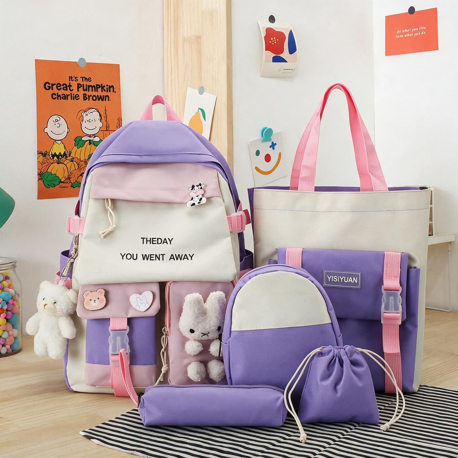 Sac à Dos Multifonctionnel Kawaii Grand Volume Imperméable et Résistant 5Pcs Mauve SACKDS25MV - حقيبة ظهر بعدة قطع بتصميم كاوايي - Sac à dos et Mode - صورة 1