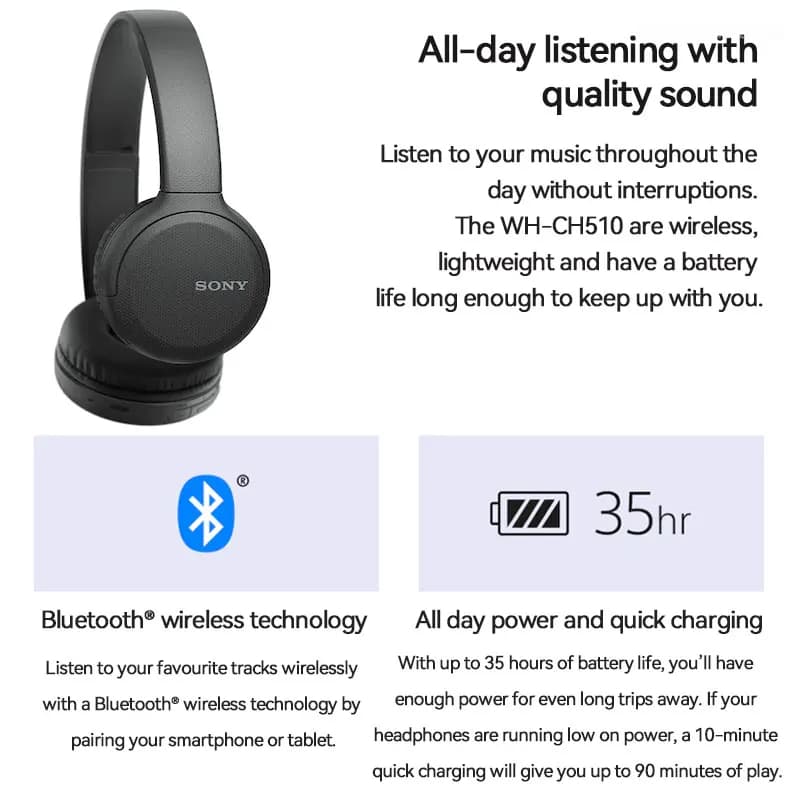 Sony Casque Bluetooth Original sans fil assistant vocal intégré, charge rapide, autonomie jusqu'à 35 heures WH-CH510 - Électronique - صورة 5