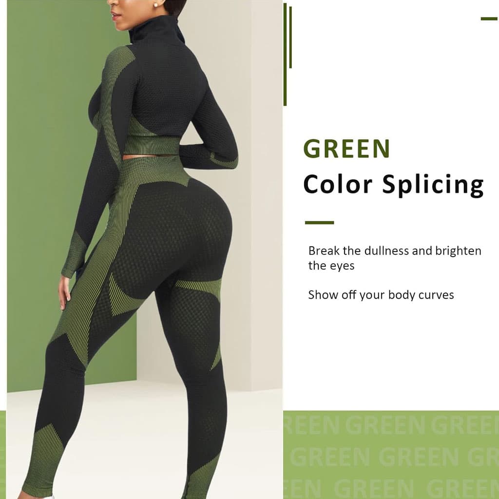 Ensembles d'entraînement pour femmes - Tenue de gymnastique sans couture à 2 pièces Vert - Divers - صورة 5