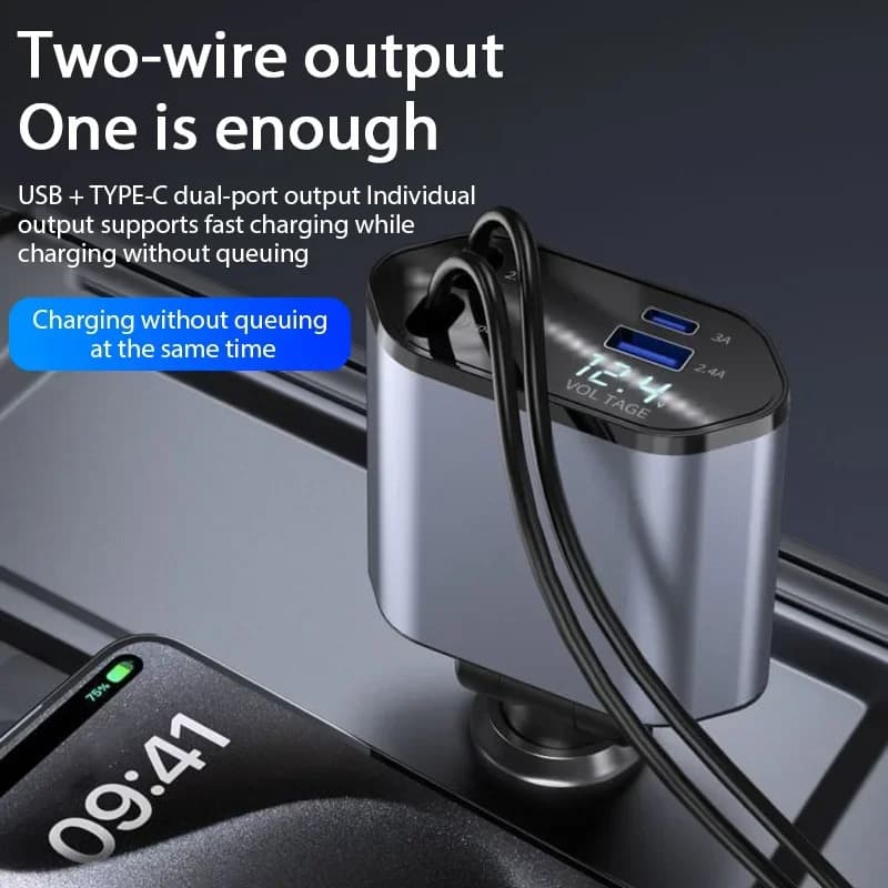 Chargeur de Voiture Rétractable 4en1 120W – شاحن سريع - Accessoires Auto/Moto - صورة 4
