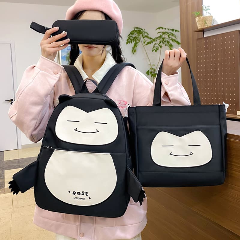Ensemble de Sacs Snorlax 3Pcs Design Kawaii Noir – حقيبة مدرسية 3 قطع لون أسود - Sac à dos et Mode - صورة 1