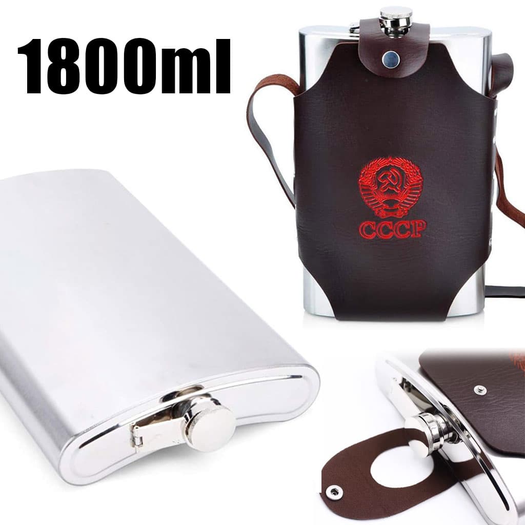 Flasque Métallique Portable 1800ml en Acier Inoxydable 18/8 avec Étui en Cuir pour Activités Extérieures - Camping et Randonnée - صورة 1