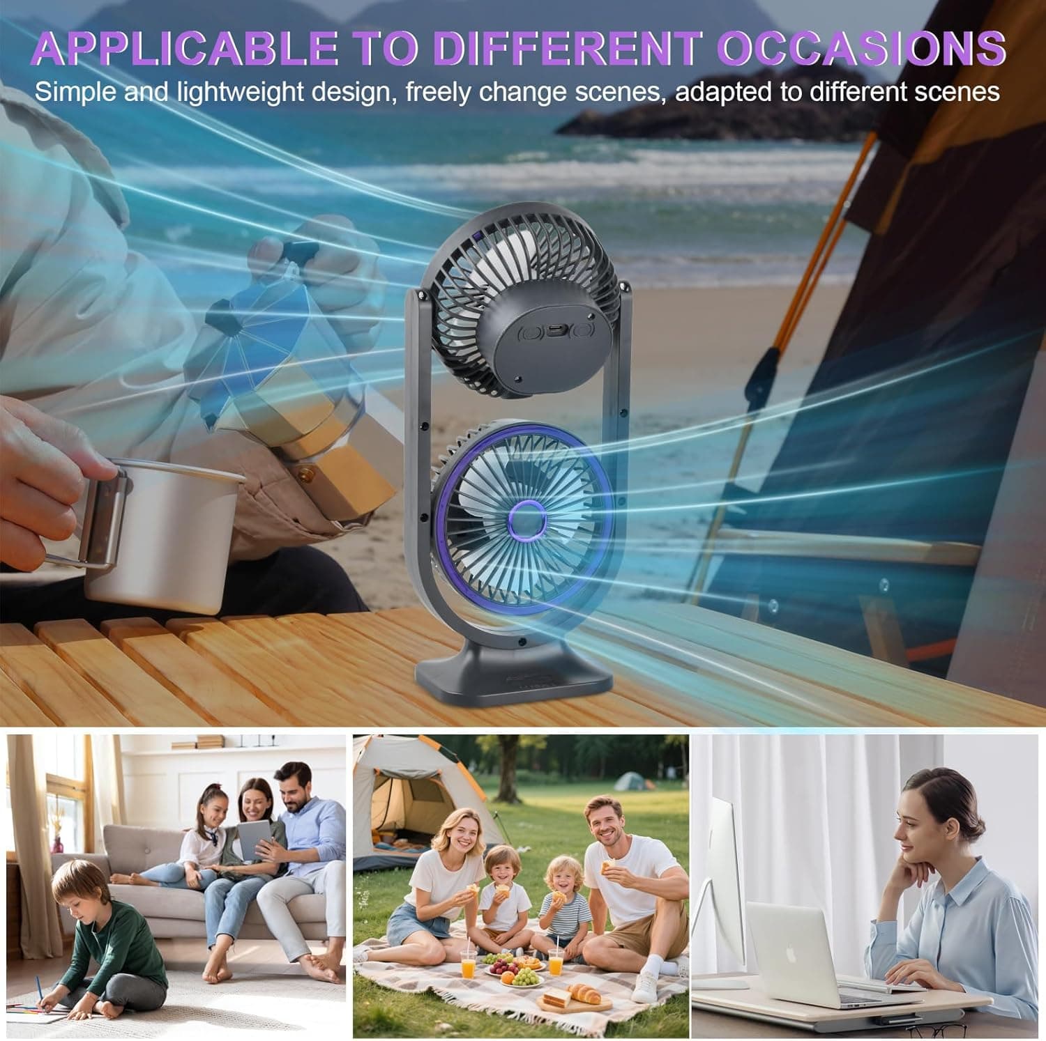 Ventilateur de Bureau Double Tête Rechargeable USB - مروحة المكتب المكتبية المزدوجة بـ 3 سرعات - Vacance & Loisir - صورة 9
