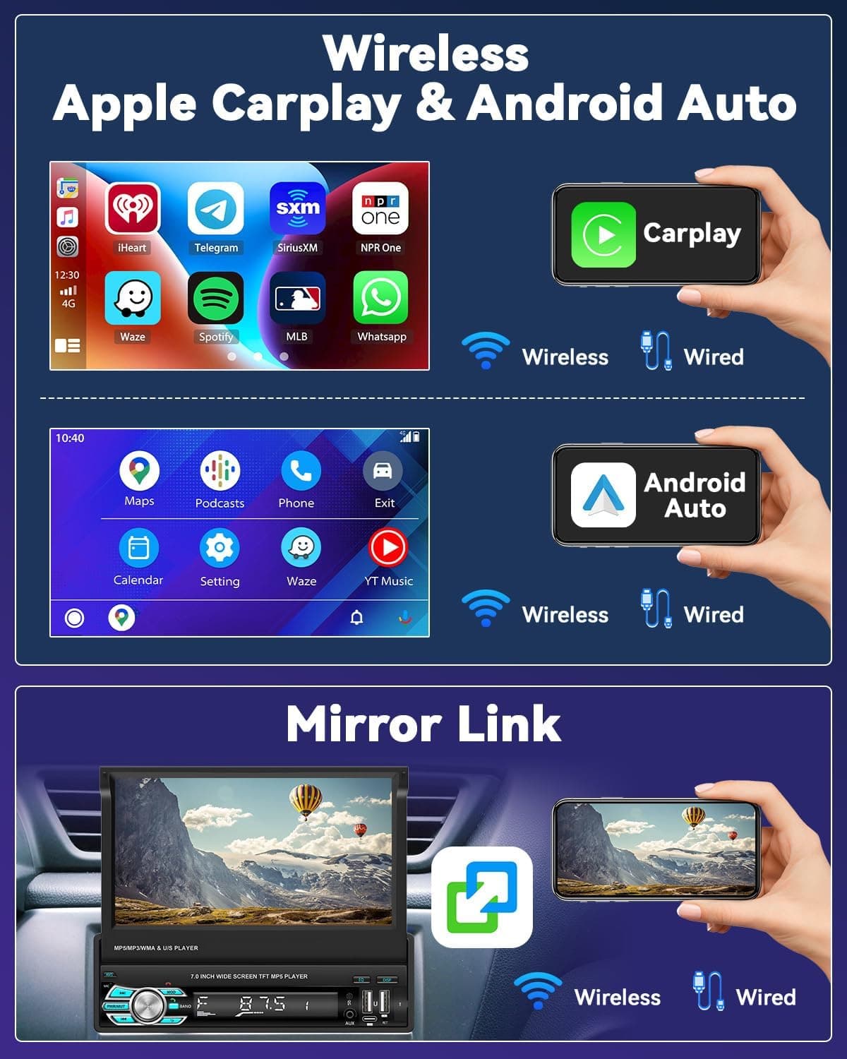 Autoradio Rétractable Tactile 7 Pouces Wireless CarPlay Android Auto 32+2GB - راديو السيارة الذكي بنظام أندرويد وشاشة 7 بوصة قابلة للطي - Accessoires Auto/Moto - صورة 11