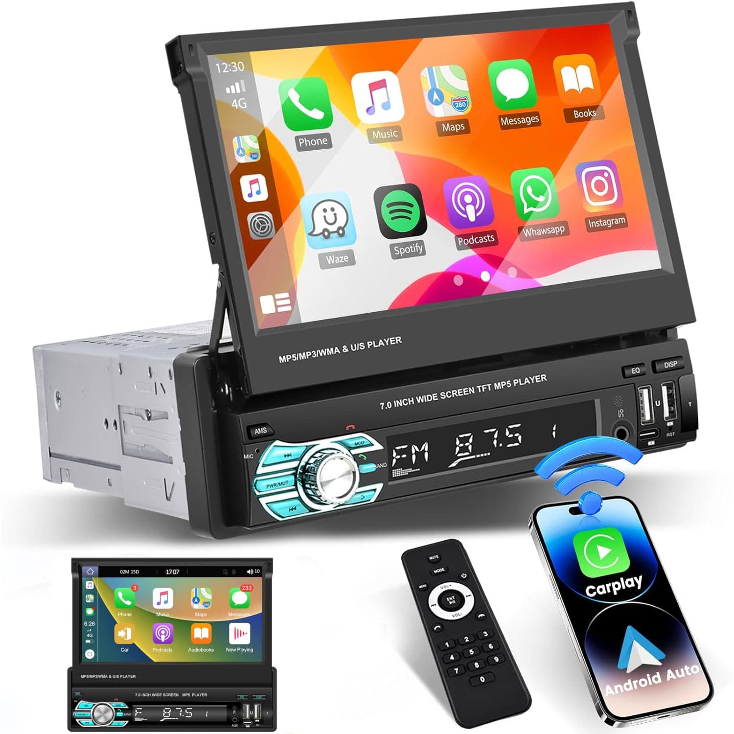 Autoradio Rétractable Tactile 7 Pouces Wireless CarPlay Android Auto 32+2GB - راديو السيارة الذكي بنظام أندرويد وشاشة 7 بوصة قابلة للطي - Accessoires Auto/Moto - صورة 1